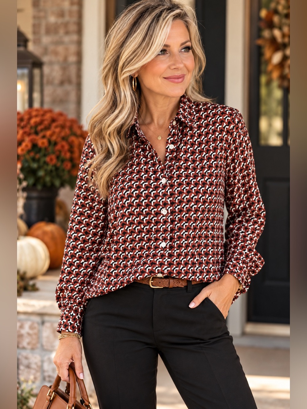 Preston & York Geometric Print Button Down Blouse Medium
